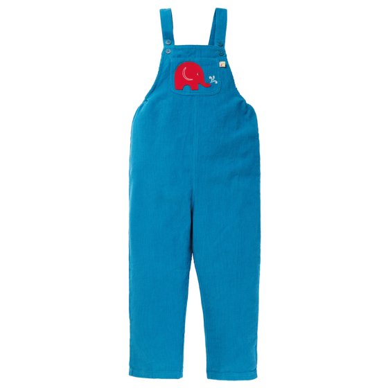 Babipur X Frugi loch blue organic cotton pluto cord dungarees on a white background