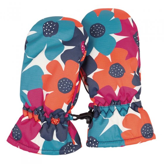 Back of the Frugi bright floral eco-friendly snow and ski mittens on a white background