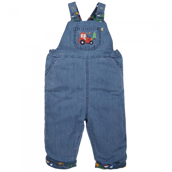 Frugi childrens chambray and abisko days reversible dungarees on a white background
