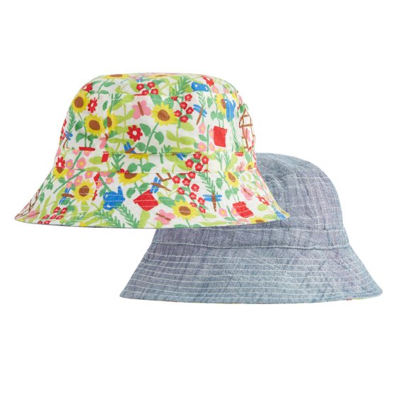 Outside and inside of the Frugi childrens reversible allotment heather sun hat on a white background