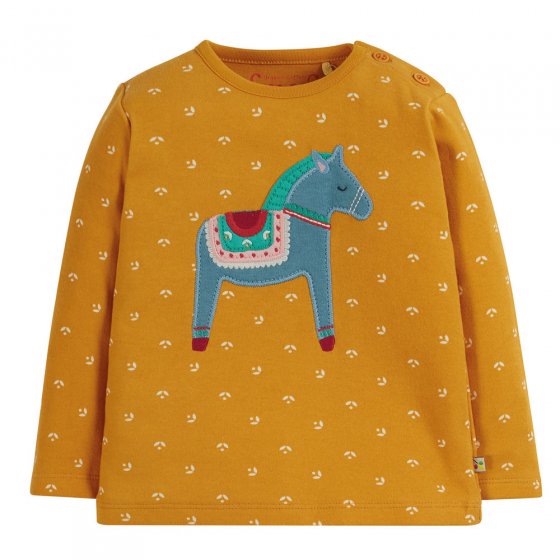 Frugi childrens eco-friendly organic cotton floral ditsy and horse button applique top on a white background