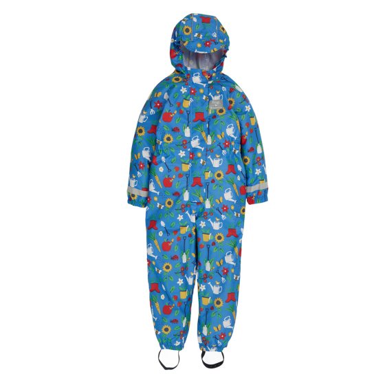 Frugi childrens rain or shine waterproof suit in the national trust garden print on a white background