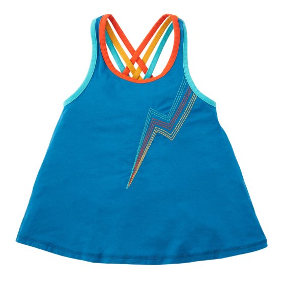Front of the Frugi childrens blue galaxy yoga vest top on a white background