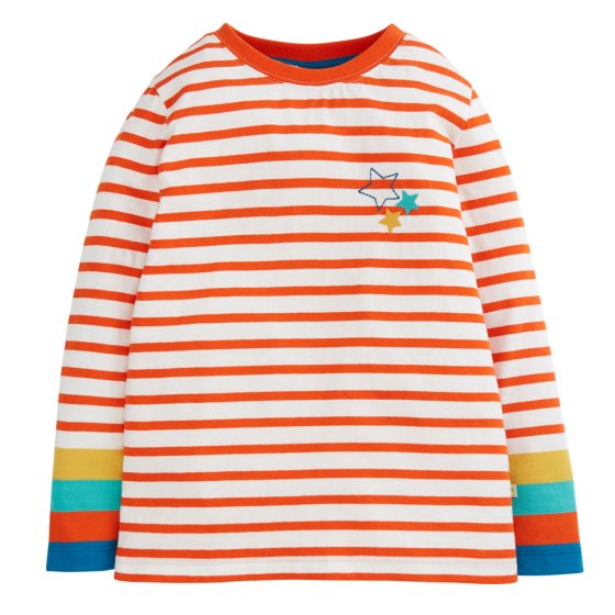 Front of the Frugi eco-friendly organic cotton mylor long sleeve striped childrens top on a white background