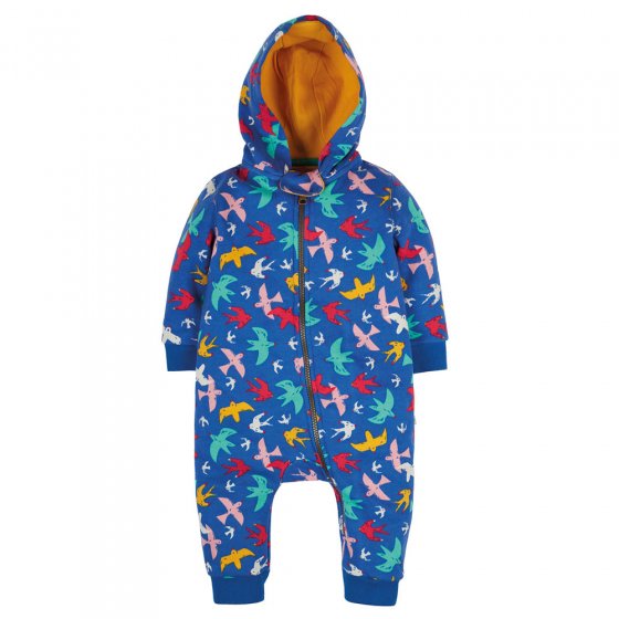 Frugi eco-friendly childrens snuggle suit in the rainbow flight colour on a white background