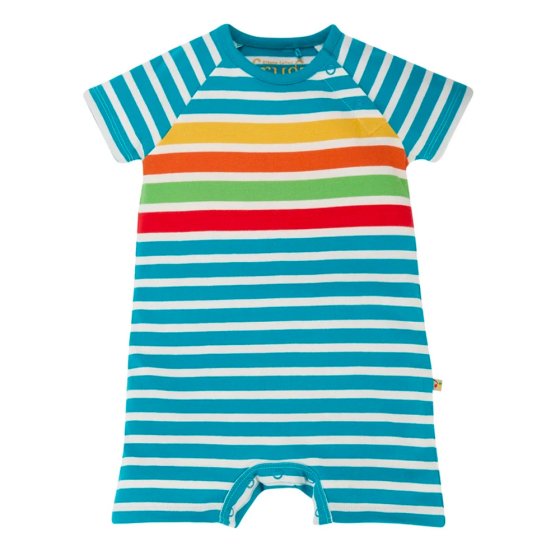 Frugi childrens organic cotton sunset stripe romper suit on a white background
