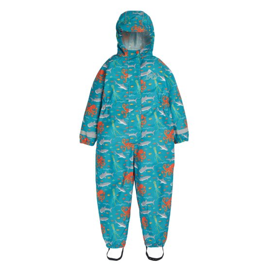 Frugi childrens what lies below rain or shine waterproof suit on a white background