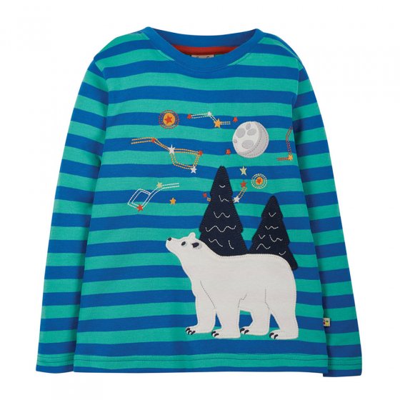 Childrens Frugi eco-friendly cobalt stripe and polar bear discovery applique top on a white background