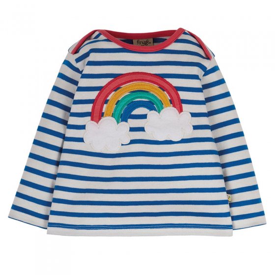 Frugi childrens cobalt stripe and rainbow bobby applique top on a white background