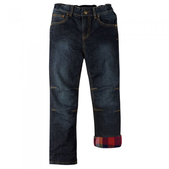 Frugi eco-friendly childrens denim and red checkered lumberjack lined jeans on a white background