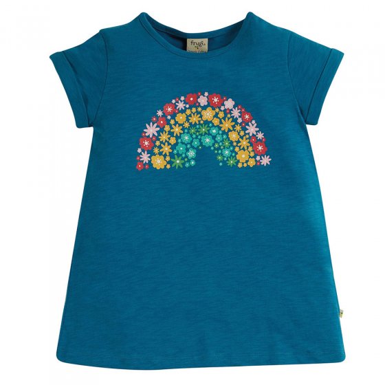 Frugi organic cotton childrens emery rainbow printed tshirt with turnup sleeves on a white background