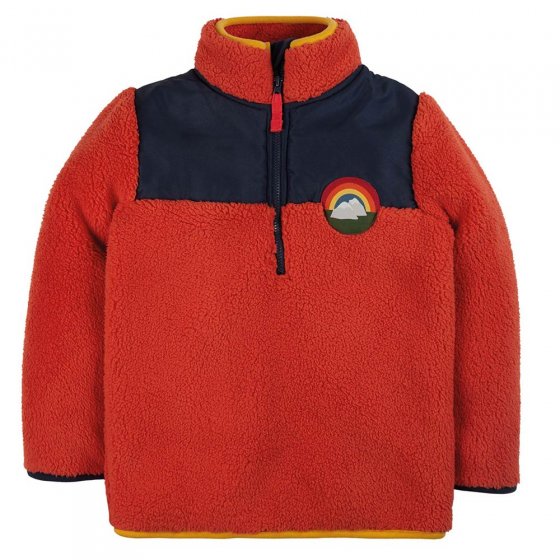 Frugi childrens falcun red and indigo ted half zip fleece on a white background