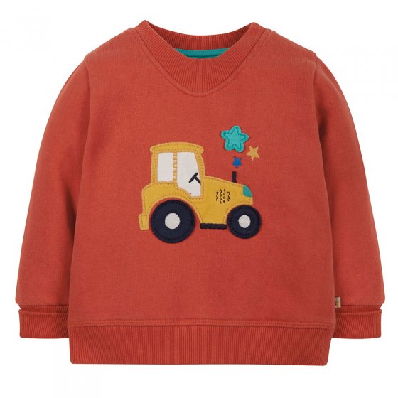 Frugi childrens falcun red tractor easy on jumper on a white background