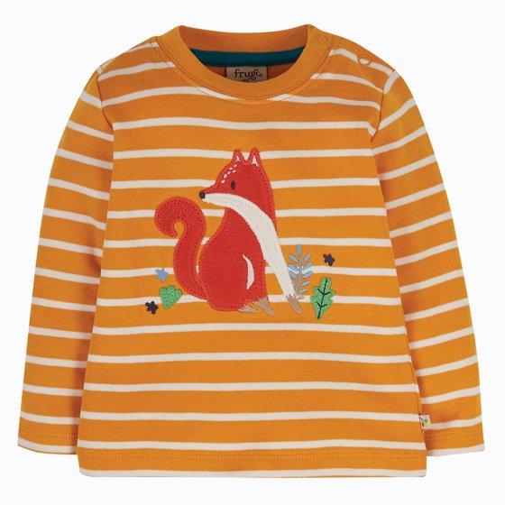 Frugi striped yellow organic cotton fox applique discovery long sleeve top on white background