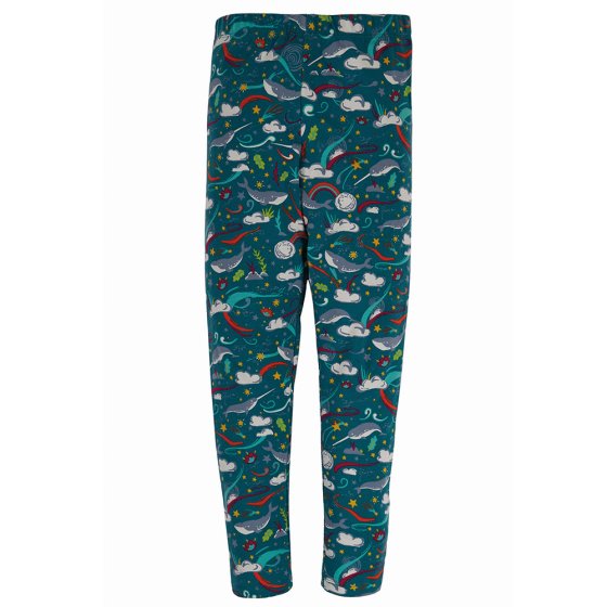 Frugi childrens cosmic wave teal printed Libby leggings with narwhals, whales and cosmic inspired print on a white background