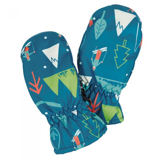 Back of the Frugi eco-friendly hit the slopes snow and ski mittens on a white background