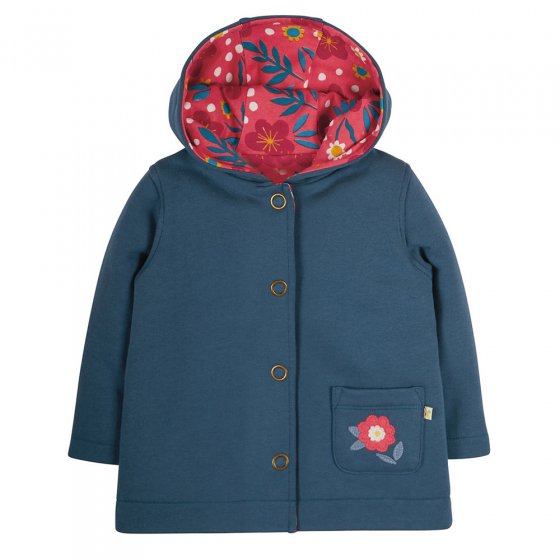 Frugi organic cotton india ink and scandi flower reversible cosy coat on a white background