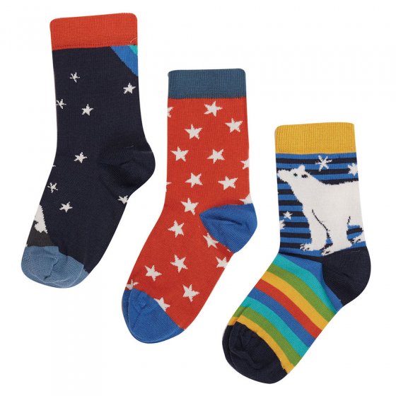 3 pack of Frugi northern lights childrens rock my socks lined up on a white background