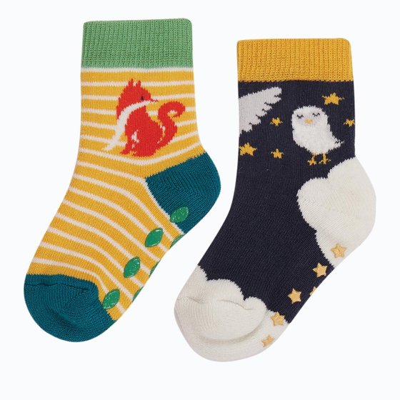 Frugi organic cotton 2 pack grippy socks - one yellow striped with fox print, and another indigo with owl print on white background