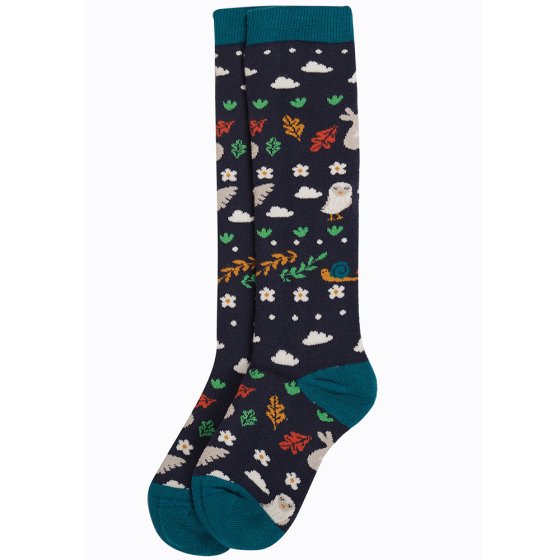 Frugi organic cotton brilliant indigo socks in owl print with teal ankle cuffs, heels and toes on white background