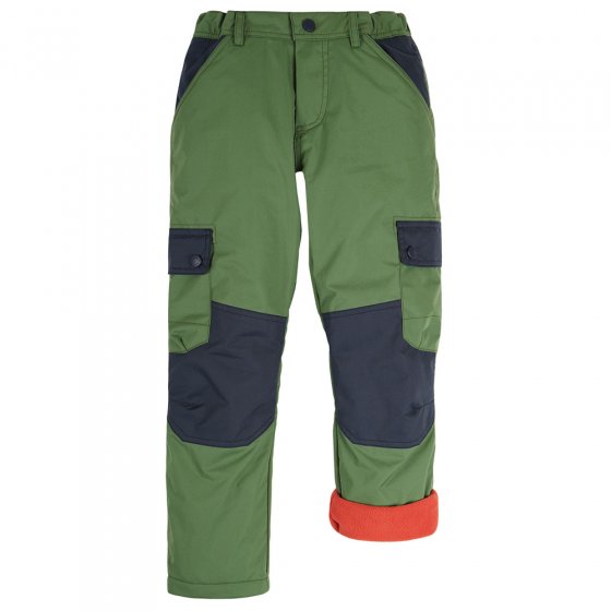 Frugi childrens eco-friendly recycled polyester waterproof expedition trousers in khaki and indigo on a white background