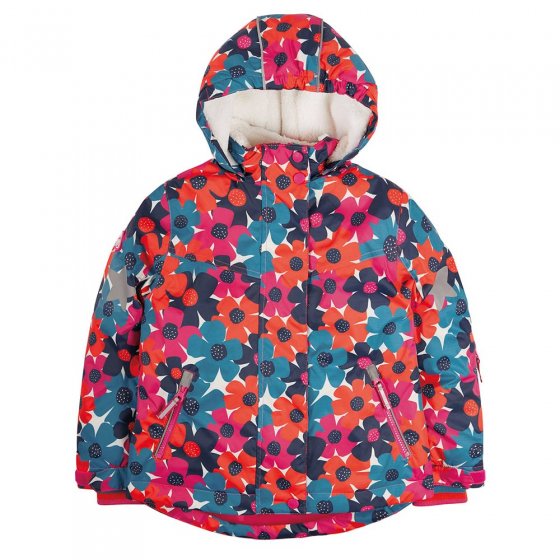 Frugi childrens bright floral waterproof snow and ski coat on a white background