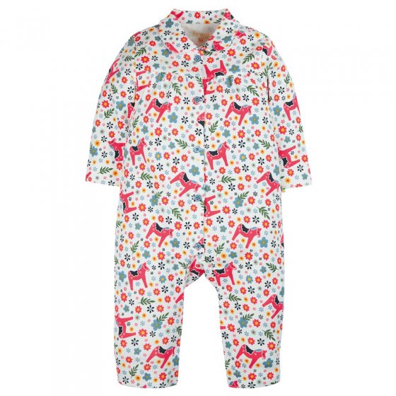 Frugi eco-friendly organic cotton dala ditsy clementine romper suit on a white background