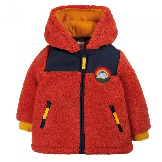 Frugi childrens falcun red and indigo ted fleece jacket on a white background