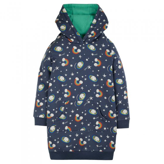 Frugi childrens organic cotton harriet hoody dress in the indigo look at the stars colour on a white background