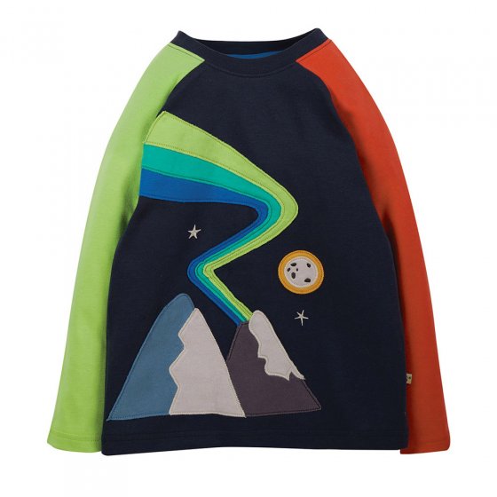 Frugi eco-friendly childrens alfie raglan top in the indigo and northern lights colour on a white background
