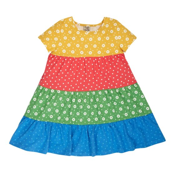 Frugi childrens eco-friendly organic cotton rosie rainbow dress in the hotch potch colours laid out on a white background