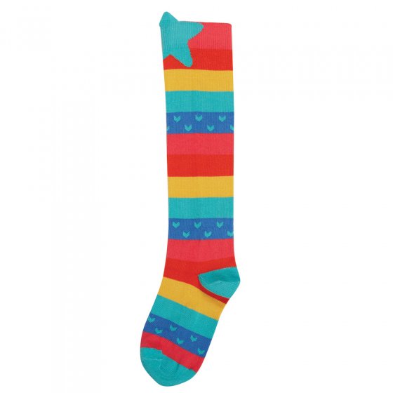 Frugi childrens eco-friendly hygge high knee rainbow stripe socks on a white background