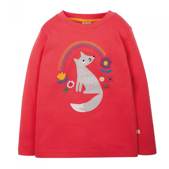 Childrens Frugi adventure applique top in the watermelon and wolf colour on a white background