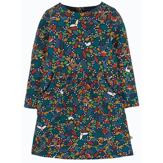 Frugi long sleeve indigo Lulu jumper dress - with high rounded neckline skirt pockets and all over Autumnal woodland print on a white background