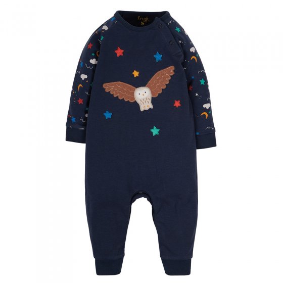 Frugi eco-friendly childrens moonlight stars and owl cameron romper suit on a white background