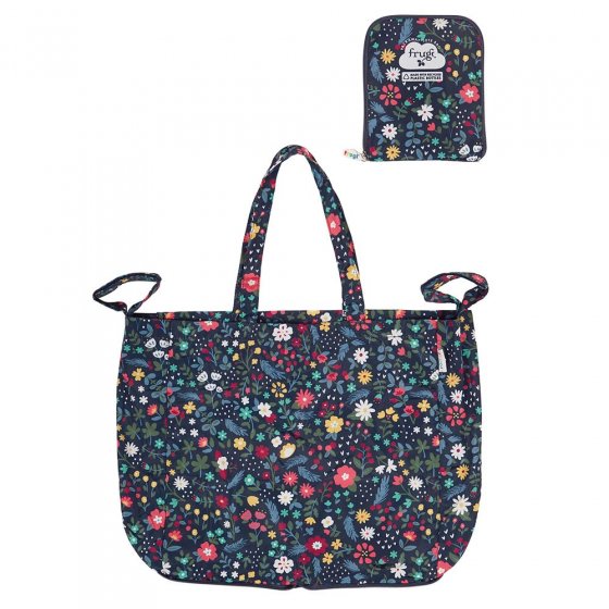 Frugi eco-friendly mountainside floral pack away tote bag on a white background
