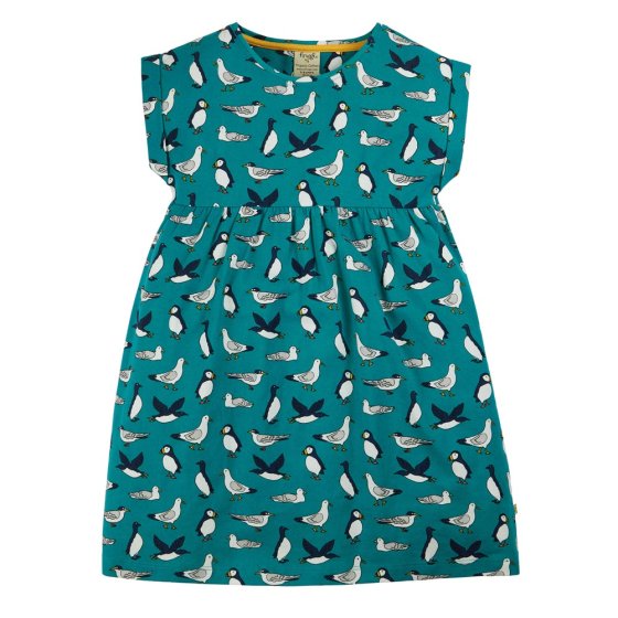 Frugi childrens short sleeve fran jersey dress in the sea birds print on a white background
