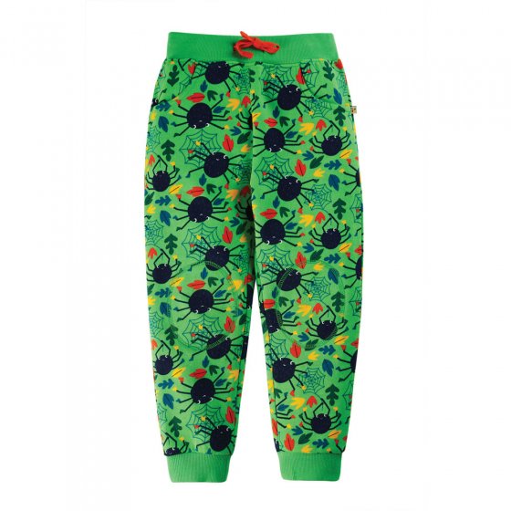 Frugi childrens green spider printed joggers on a white background