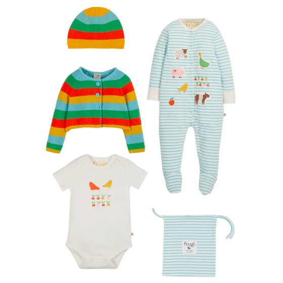Frugi organic cotton joyful baby gift set outfit laid out on a white background