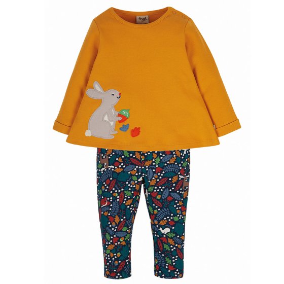 Frugi organic cotton Oralie outfit with long sleeve yellow top with rabbit applique woodland friends printed bottoms on a white background