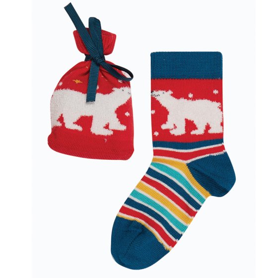 Frugi polar bears super socks in a matching bag on a white background
