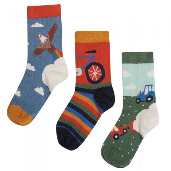 3 pack of Frugi eco-friendly rock my socks in the rainbow and bike colour lined up on a white background