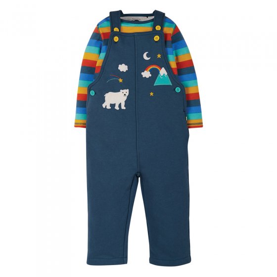 Frugi childrens organic cotton rae dungaree outfit in the rainbow stripe and india ink colour on a white background