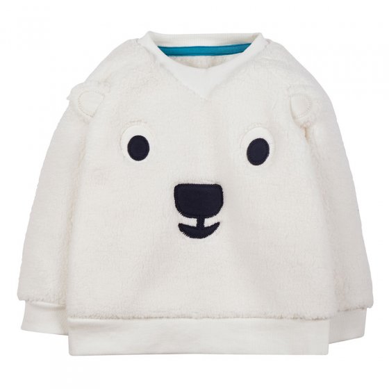 Frugi childrens soft white organic cotton easy on ted fleece jumper on a white background