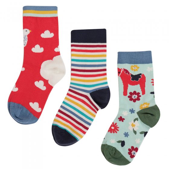3 pack of Frugi watermelon and ptarmigan organic cotton rock my socks lined up on a white background