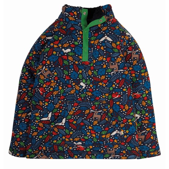 Frugi snuggle fleece in woodland friends print with green popper placket and navy fleece lining on a white background