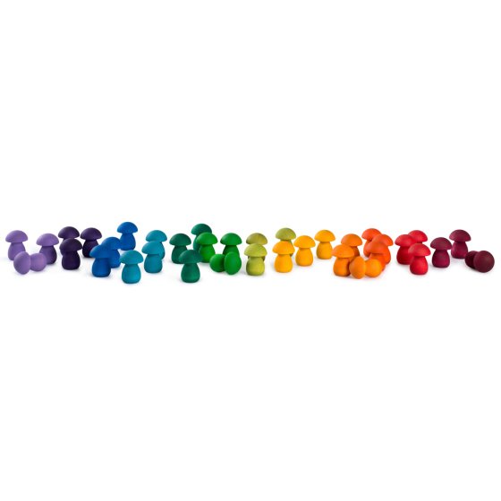 36 Grapat Rainbow mandala mushroom toys lined up on a white background