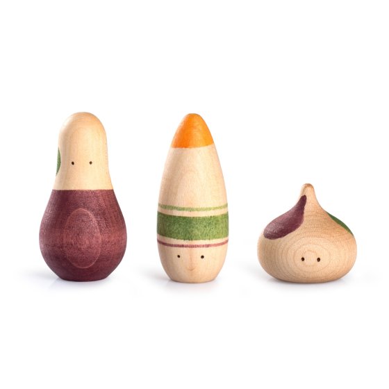Grapat eco-friendly wooden ooh lala toy figures lined up on a white background