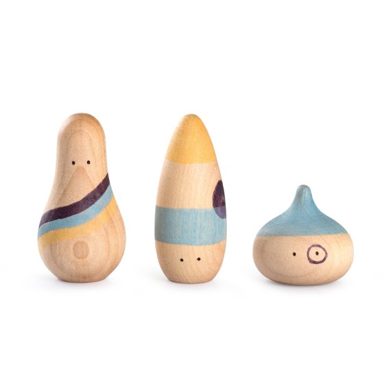 Grapat eco-friendly wooden wow toy figures set laid out on a white background