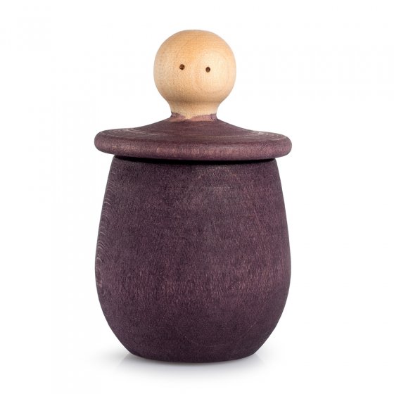 Purple Grapat Little Thing pot, with lid upturned revealing face, on a white background.
